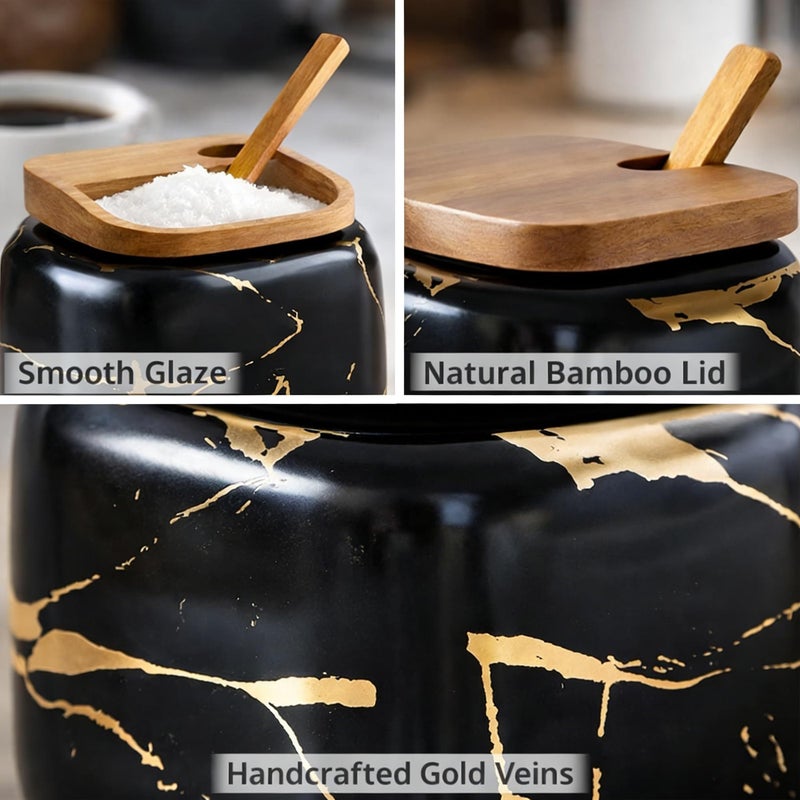 JFFLYIT 2 Sets of Marble Ceramic Sugar Bowl Ceramic Seasoning Jars with Wooden Lid and Wooden Spoon(Black) - Image 5