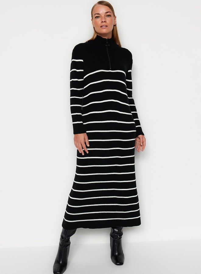 trendyol Black Striped Zipper Detailed Knitwear Dress - Image 2
