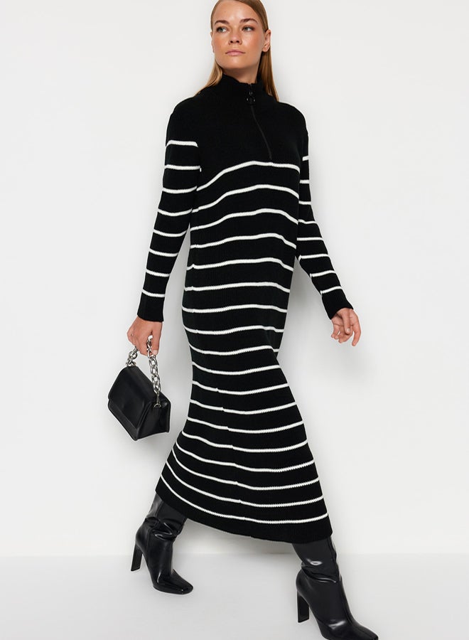 trendyol Black Striped Zipper Detailed Knitwear Dress - Image 1