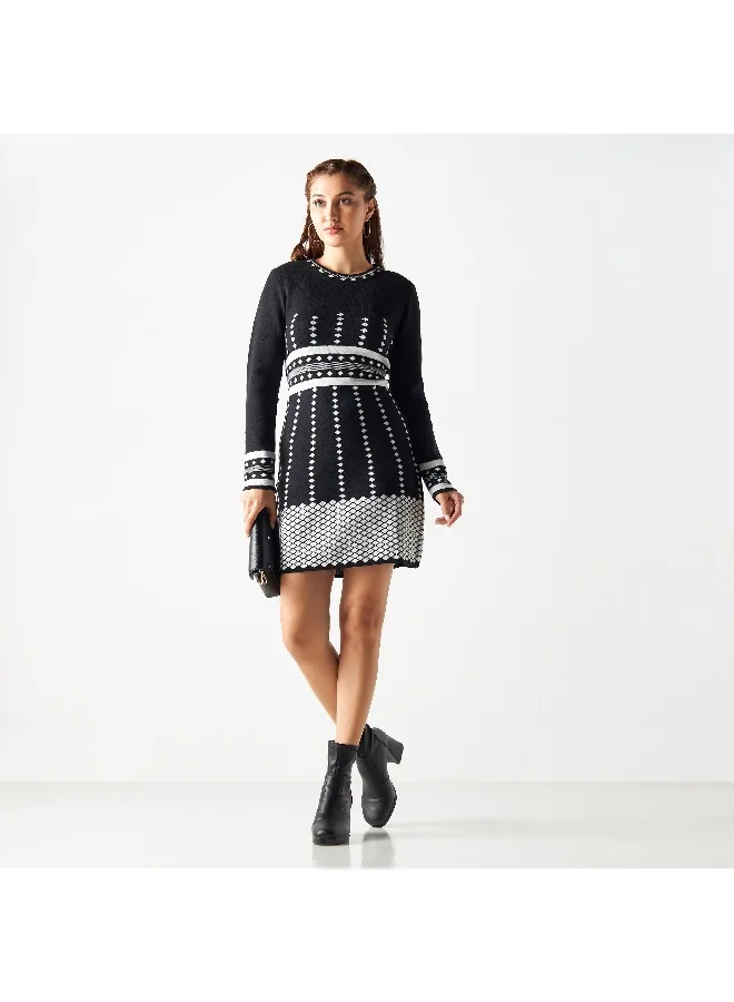 2Xtremz 2Xtremz Printed Bodycon Dress with Crew Neck and Long Sleeves