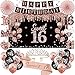 Uiorgui 16th Birthday Decorations for Girls 33pcs Sweet 16 Crown and Sash Black Rose Gold Happy 16th Birthday Banner Balloons Backdrop Hanging Swirls Paper Fans Sixteen Party Decorations Kit - Image 3