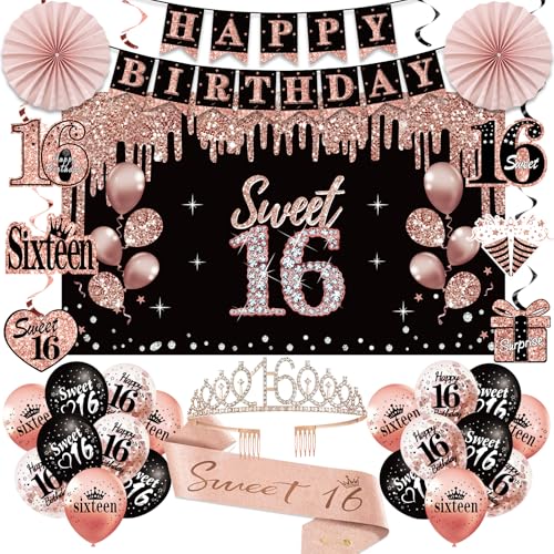 Uiorgui 16th Birthday Decorations for Girls 33pcs Sweet 16 Crown and Sash Black Rose Gold Happy 16th Birthday Banner Balloons Backdrop Hanging Swirls Paper Fans Sixteen Party Decorations Kit - Image 1
