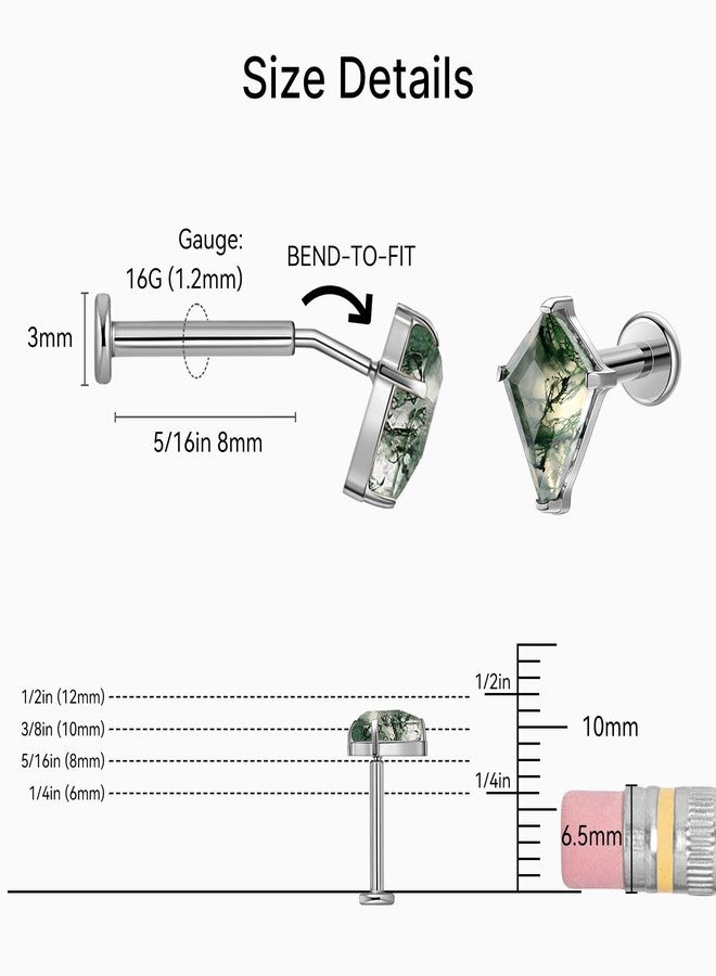 Humorrap Helix Piercing Jewelry Stud for Women 16G 8mm, ASTM F136 Helix Earrings for Women, Threadless Cartilage Flat Back Stud for Cartilage Conch Tragus, Dainty Moss Agate Body Jewelry - Image 2