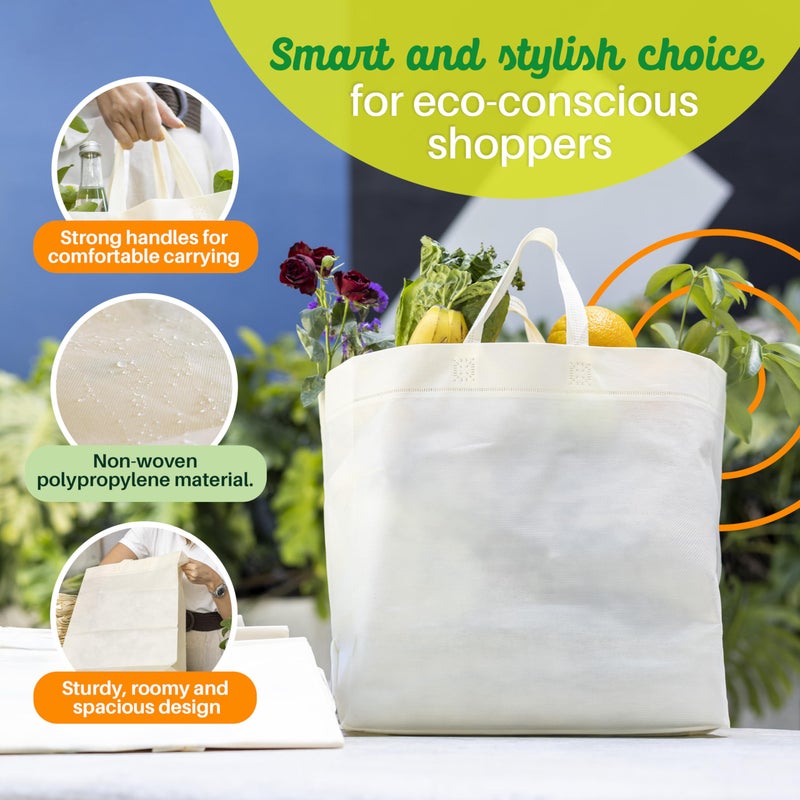Simply Cool 50 Pack Reusable Eco-Friendly Grocery Shopping Bags 12.6""x6.3""x11.8"" Durable  Recyclable  Washable  Foldable  Portable Tote Bags Bulk (50 Pack Cream) - Image 3