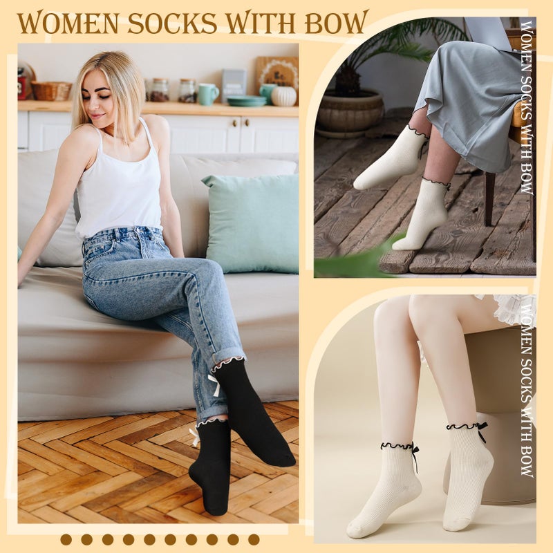 ZhouBoat 6 Pairs Womens Bow Socks Ruffle Casual Crew Socks Cute Black White Soft Breathable Cotton Frilly Ankle Socks Multicolor 1 - Image 2