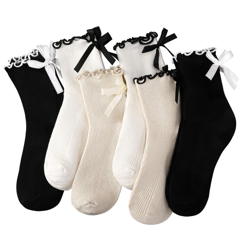 ZhouBoat 6 Pairs Womens Bow Socks Ruffle Casual Crew Socks Cute Black White Soft Breathable Cotton Frilly Ankle Socks Multicolor 1 - Image 1