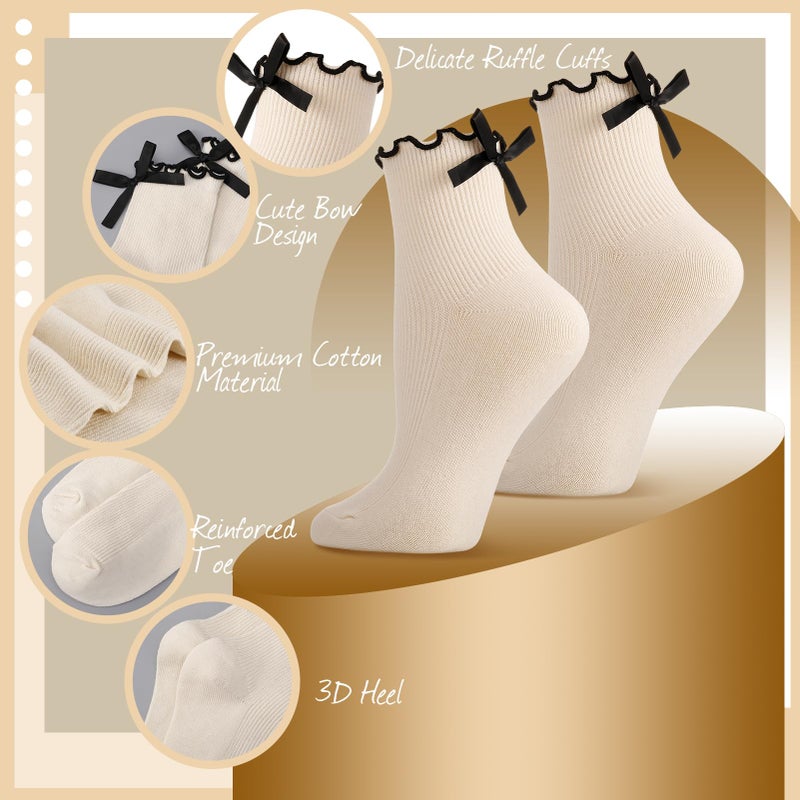 ZhouBoat 6 Pairs Womens Bow Socks Ruffle Casual Crew Socks Cute Black White Soft Breathable Cotton Frilly Ankle Socks Multicolor 1 - Image 3