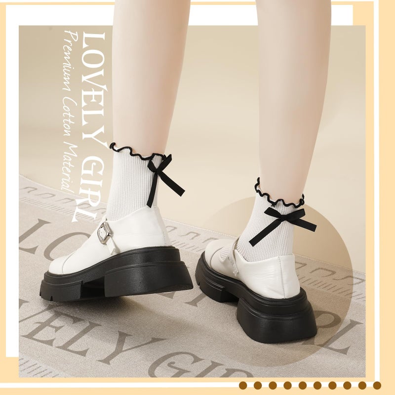 ZhouBoat 6 Pairs Womens Bow Socks Ruffle Casual Crew Socks Cute Black White Soft Breathable Cotton Frilly Ankle Socks Multicolor 1 - Image 4