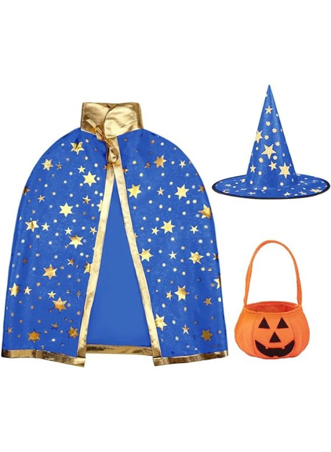 HI-FINE Halloween Wizard Cape Witch Star Pattern Costume Cloak with Hat Pumpkin Bag for Children Kids Blue - Image 1