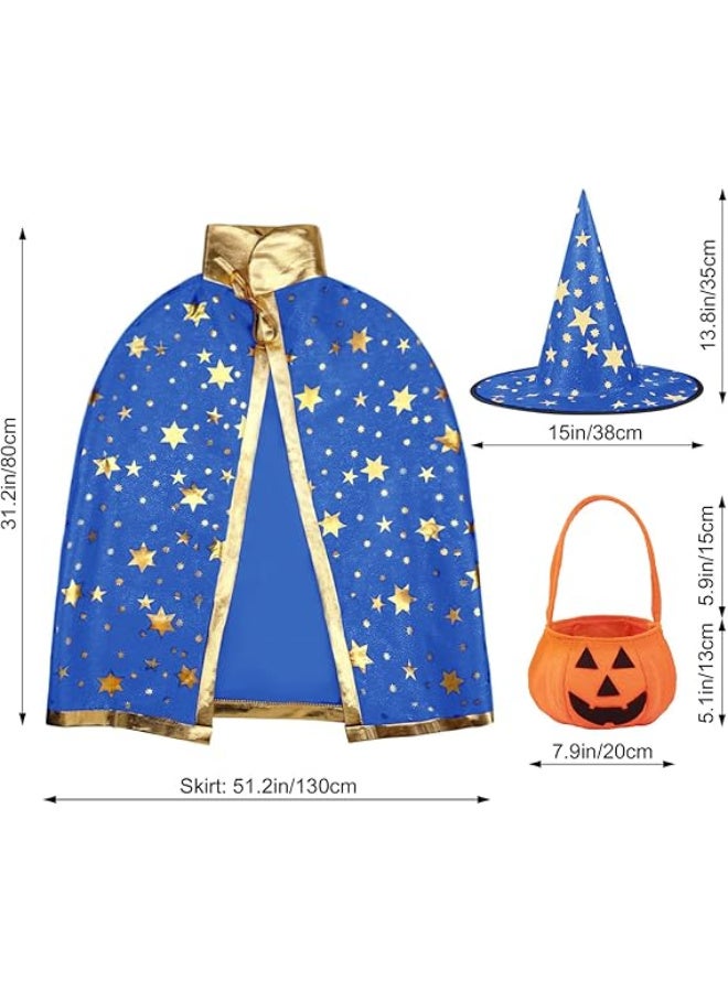 HI-FINE Halloween Wizard Cape Witch Star Pattern Costume Cloak with Hat Pumpkin Bag for Children Kids Blue - Image 5