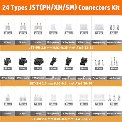 PEBA Crimping Tool and JST Connector Kit - 24 Types of 2.0 mm JST-PH Connectors & Crimp Pins, 2.5 mm JST-XH & JST-SM Housings and Contacts, for DIY Electronics - Suitable for AWG 32-20 Wires - Image 5