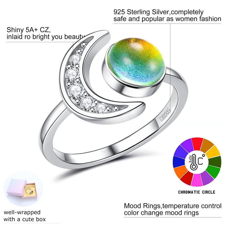 ADRAMATA 925 Sterling Silver Mood Ring Moon Star Open Adjustable Rings for Women White 18K Gold Plated Color Changing Mood Ring Temperature-Control Star and Moon Rings Statement Jewelry- Round - Image 4