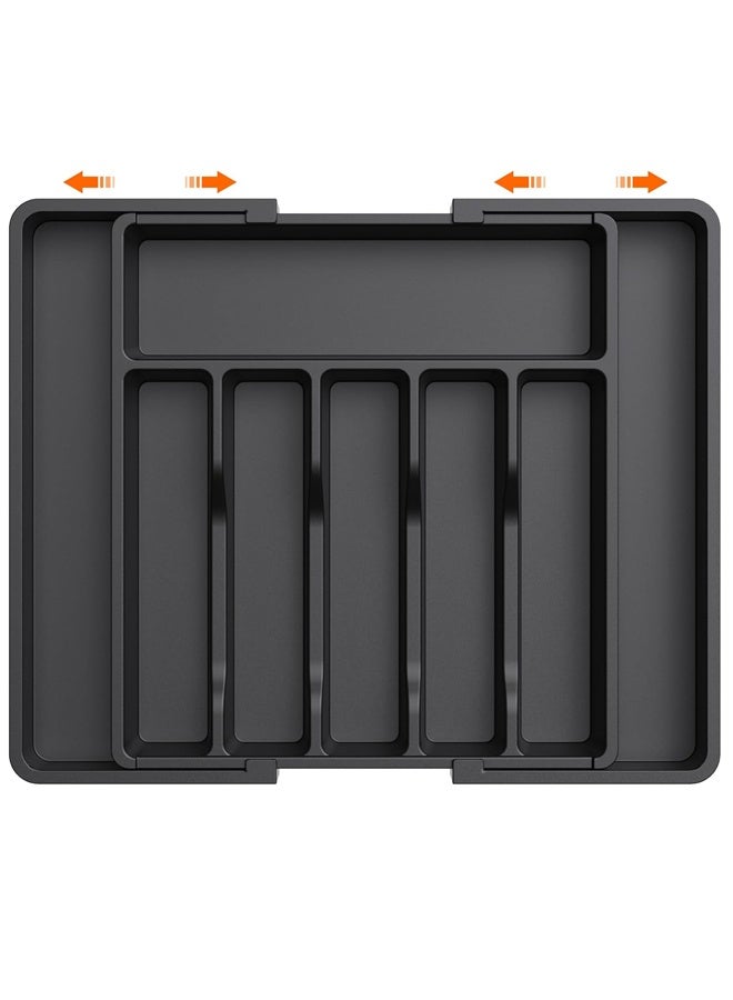 منظم درج الأواني الفضية الكبيرة، صينية أدوات المائدة القابلة للتوسيع، حامل أدوات المائدة المسطحة المجانية، الملاعق الشوكات السكاكين، الاستخدام متعدد الأغراض، طبيعي، كبير، أسود - Image 1