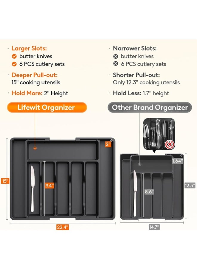 منظم درج الأواني الفضية الكبيرة، صينية أدوات المائدة القابلة للتوسيع، حامل أدوات المائدة المسطحة المجانية، الملاعق الشوكات السكاكين، الاستخدام متعدد الأغراض، طبيعي، كبير، أسود - Image 5