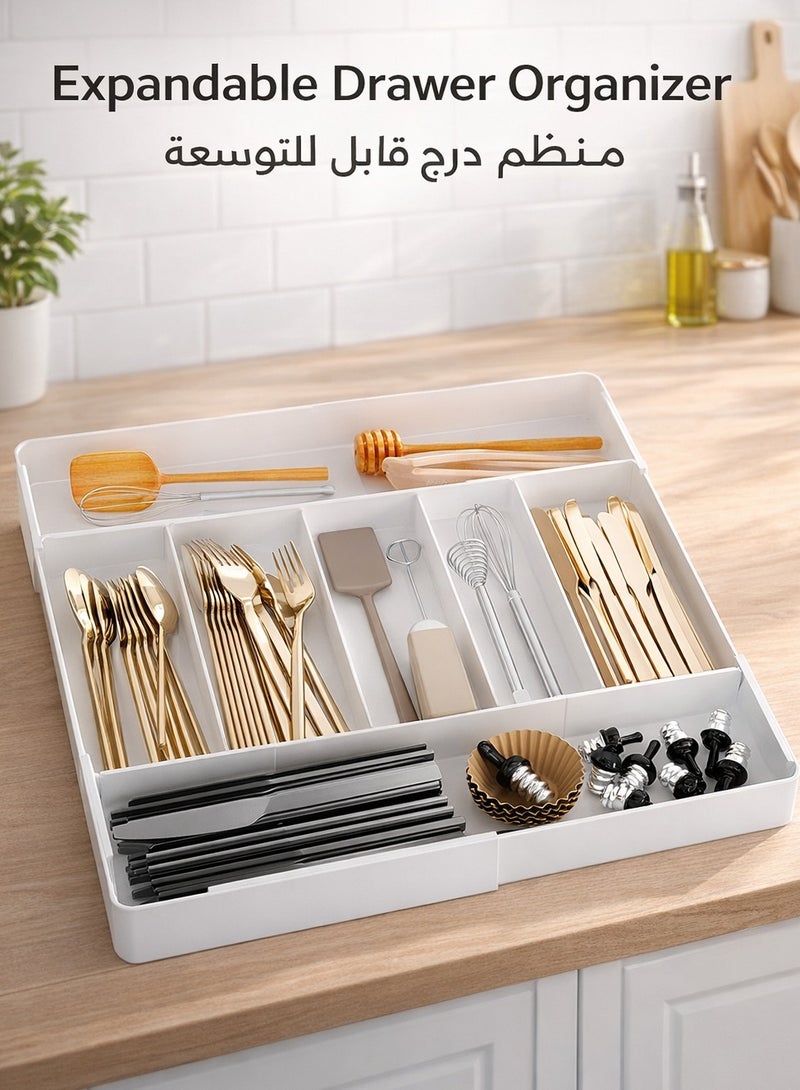 منظم أدراج أدوات المائدة، صينية أدوات مطبخ قابلة للتوسيع، حامل أدوات مائدة وسكاكين خالٍ من مادة BPA، وحدة تخزين بلاستيكية قابلة للتعديل للملاعق والشوك والسكاكين (أبيض) - Image 1