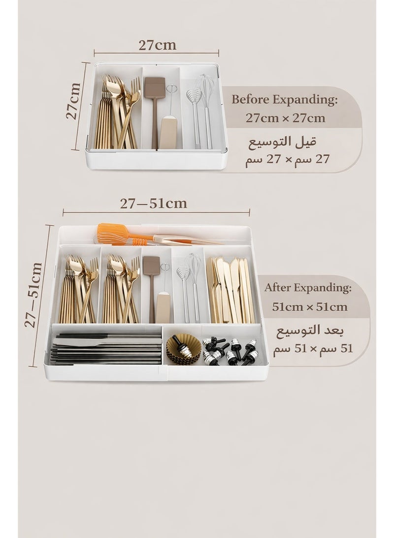 منظم أدراج أدوات المائدة، صينية أدوات مطبخ قابلة للتوسيع، حامل أدوات مائدة وسكاكين خالٍ من مادة BPA، وحدة تخزين بلاستيكية قابلة للتعديل للملاعق والشوك والسكاكين (أبيض) - Image 2