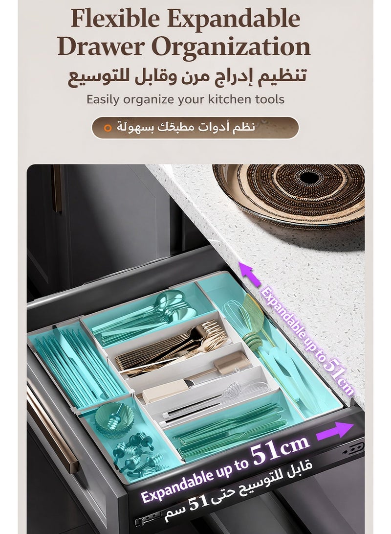 منظم أدراج أدوات المائدة، صينية أدوات مطبخ قابلة للتوسيع، حامل أدوات مائدة وسكاكين خالٍ من مادة BPA، وحدة تخزين بلاستيكية قابلة للتعديل للملاعق والشوك والسكاكين (أبيض) - Image 3
