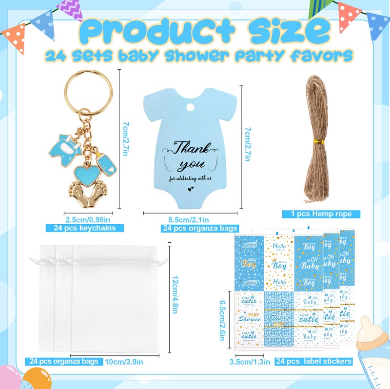 Orchidleaf 24 Set Baby Shower Party Favors for Boy Blue Footprint Keychains, Baby Shower Favors with Thank You Card White Organza Bags for Birthday Party Supplies (Blue) - Image 3