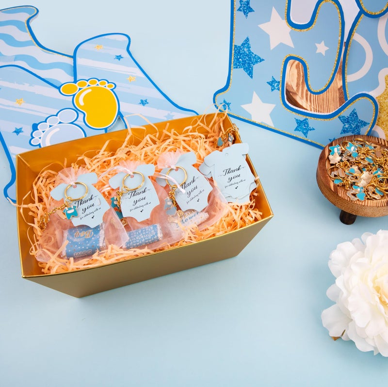 Orchidleaf 24 Set Baby Shower Party Favors for Boy Blue Footprint Keychains, Baby Shower Favors with Thank You Card White Organza Bags for Birthday Party Supplies (Blue) - Image 4