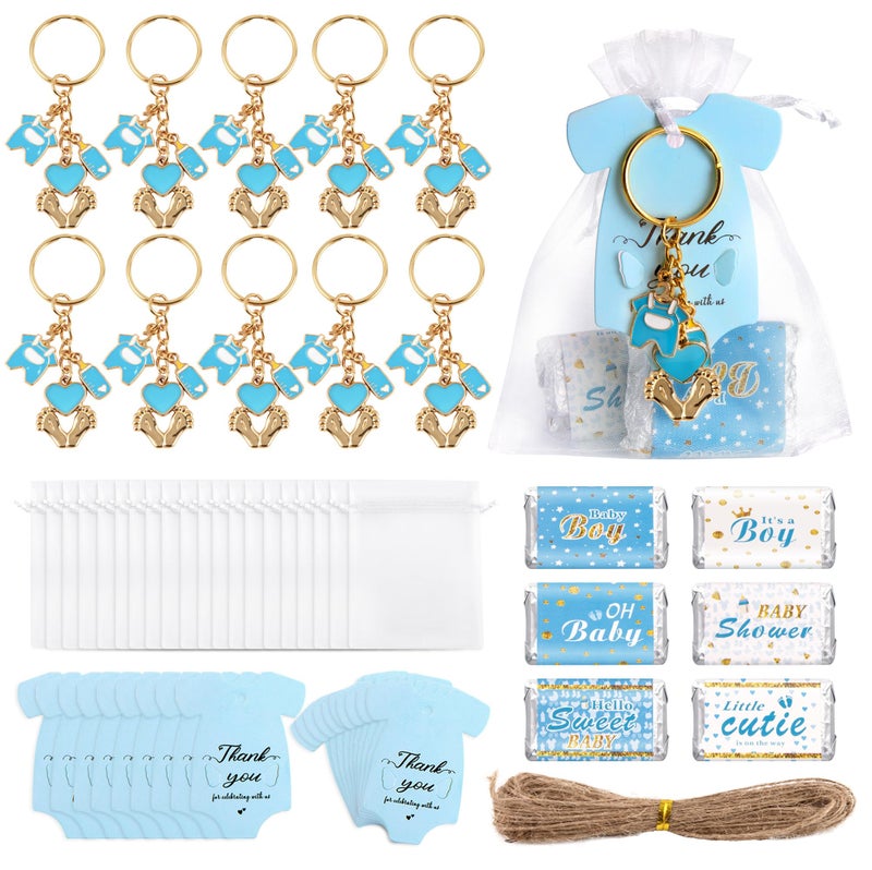 Orchidleaf 24 Set Baby Shower Party Favors for Boy Blue Footprint Keychains, Baby Shower Favors with Thank You Card White Organza Bags for Birthday Party Supplies (Blue) - Image 1