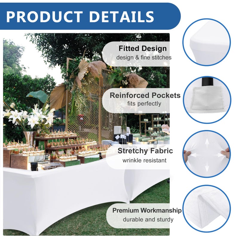 Enjoyidea Table Cover for 6 foot Rectangle Tables-6 Pack White Fitted Stretch Tablecloth-Elastic Spandex 6ft Folding Tablecloths for Party, Vendor Booth Display, Banquet Buffet Event, Craft Trade Show - Image 2