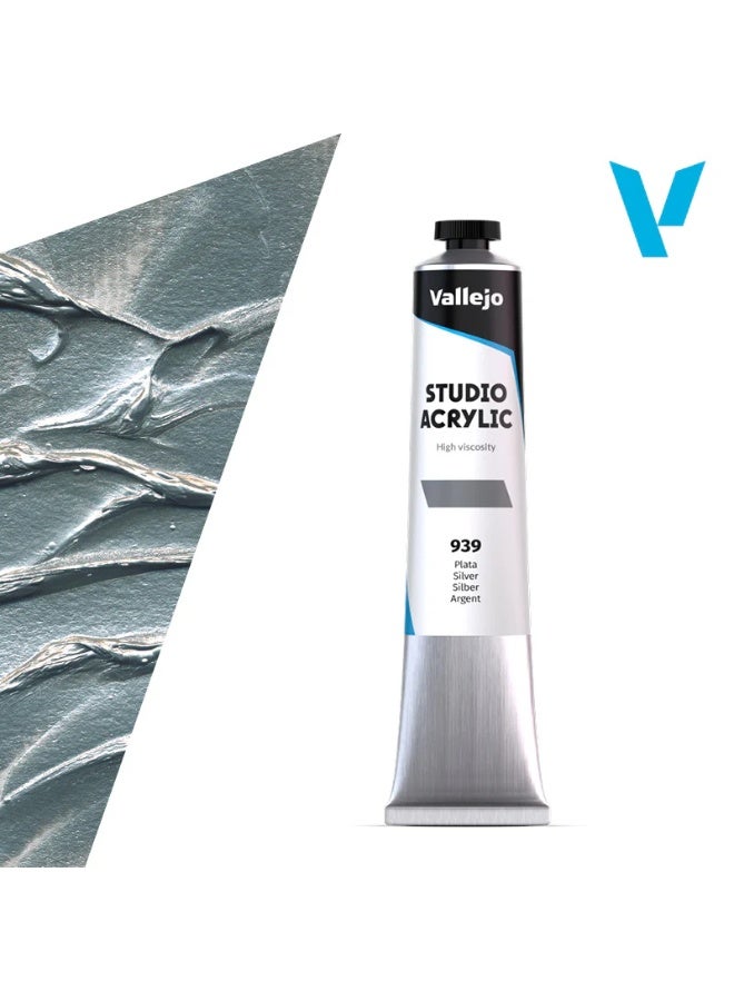 فاليجو طلاء أكريليك ستوديو ٥٨ مل - فضي رقم ٩٣٩ | أكريليك معدني عالي الصبغة، مناسب للفنانين المحترفين