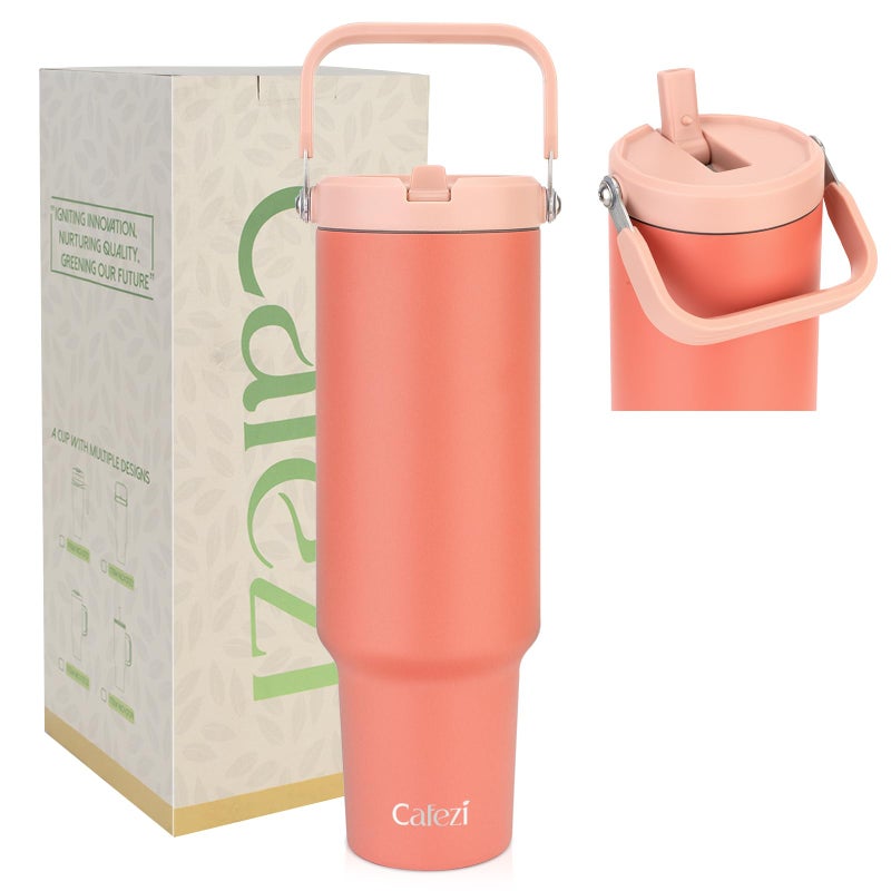 Cafezi 50 oz Tumbler with Handle, Stainless Steel Water Bottles with Flip Straw and Top Handle, Leak Proof, No Sweat, Cold for 30 Hours, Fits in Cup Holder, Vacuum Insulated Tumblers for Home, Office - Image 1