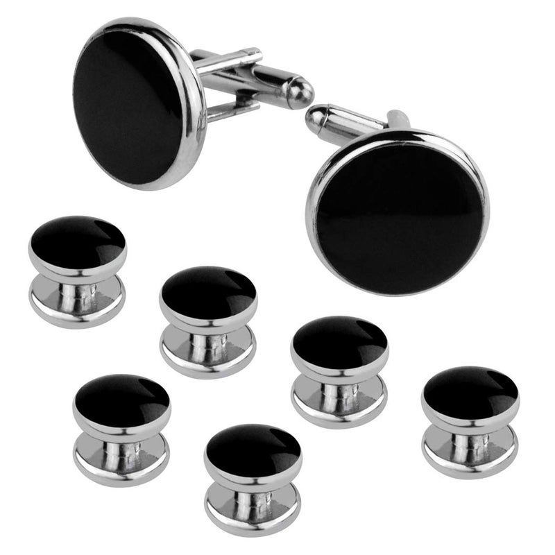 mifengda Black Silver Tuxedo Studs and Cufflinks Set, Mens Cufflinks and Cuff Studs Set Cuff Links Stainless Steel Tux Buttons with Box for Tuxedo Shirts Wedding Business Gift - Image 2