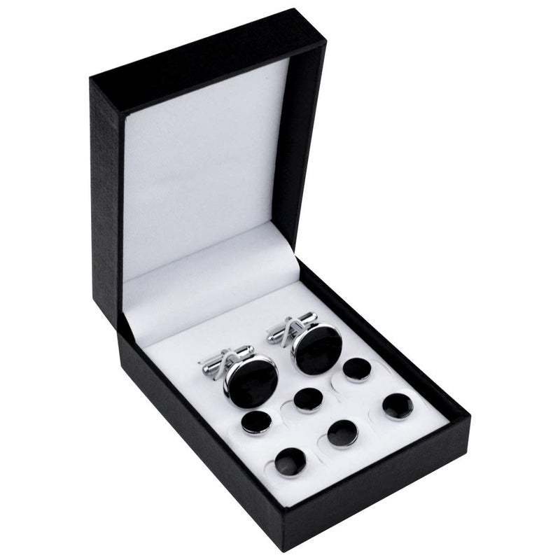 mifengda Black Silver Tuxedo Studs and Cufflinks Set, Mens Cufflinks and Cuff Studs Set Cuff Links Stainless Steel Tux Buttons with Box for Tuxedo Shirts Wedding Business Gift - Image 1