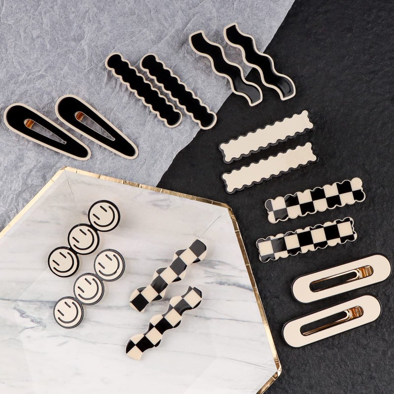 MagicSky 16 PCS Magicsky Simple No Bend Hair Clips, Black White Checker Barrettes, No Crease Wave Geometric Duckbill pins, Korean Styling Minimalist Hairpin Hair Accessories, Gifts for Women Girls - Image 4