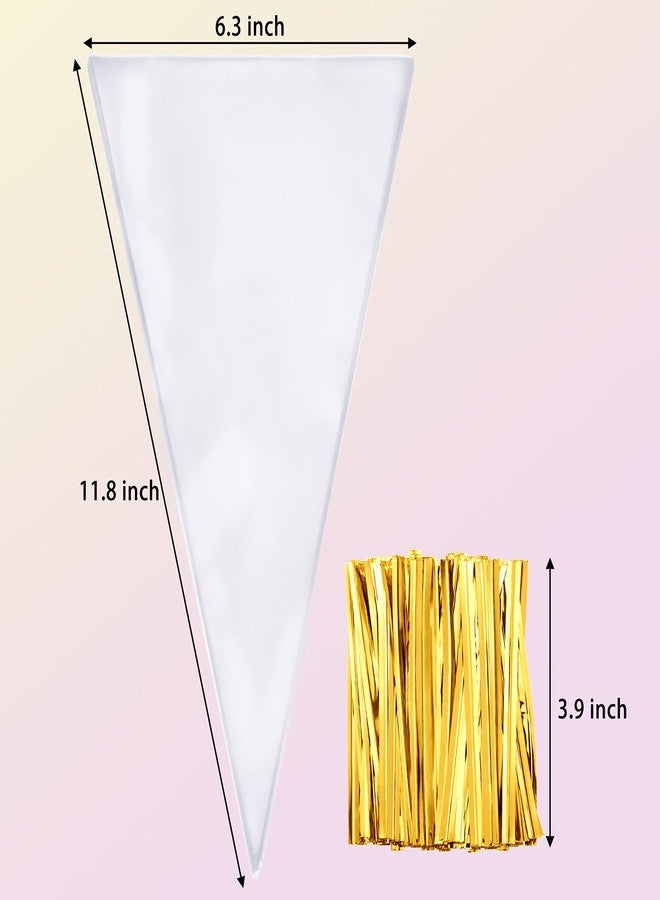 Outus 100 Pcs 7 x 12 Inch Easter Cone Shaped Treat Bag Clear Cello Cellophane Medium Transparent Sweet Popcorn Candy Bags with 100 Pieces Twist Ties for Party Favor(Gold Twist Ties) - Image 2