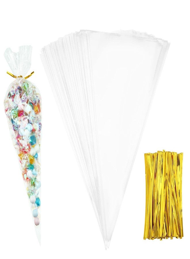 Outus 100 Pcs 7 x 12 Inch Easter Cone Shaped Treat Bag Clear Cello Cellophane Medium Transparent Sweet Popcorn Candy Bags with 100 Pieces Twist Ties for Party Favor(Gold Twist Ties) - Image 1