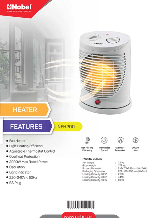 نوبل سخان بمروحة 2000 W NFH200 أبيض - Image 2