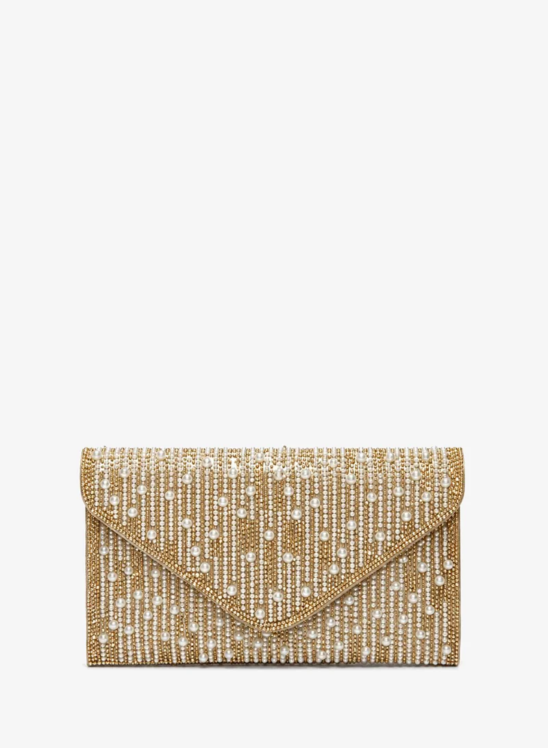 Viny Viny Women's Pearl & Crystal Stripe Envelope Clutch – Embellished Evening Bag for Parties, Weddings & Formal Occasions – Gold, Silver, Black