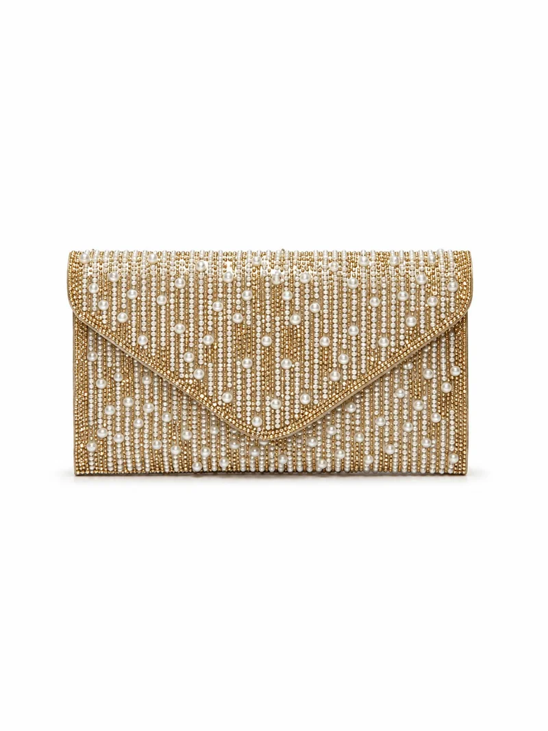 Viny Women's Pearl & Crystal Stripe Envelope Clutch – Embellished Evening Bag