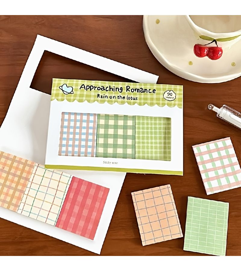 90 Ets New Plaid Combo Sticky Notes For Lotus in the Rain Journal Decoration Office School Supplies - Image 1