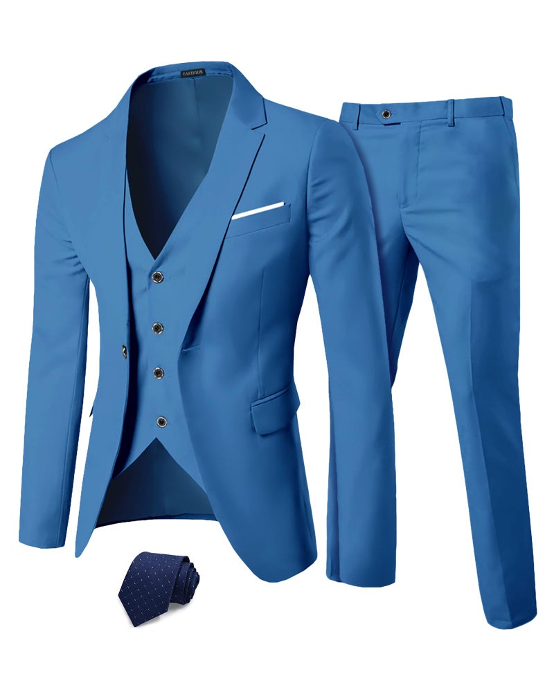 بدلة خفيفة زرقاء متوسطة للرجال من EastSide، 3 قطع، زر واحد، سترة، بنطلون، معطف