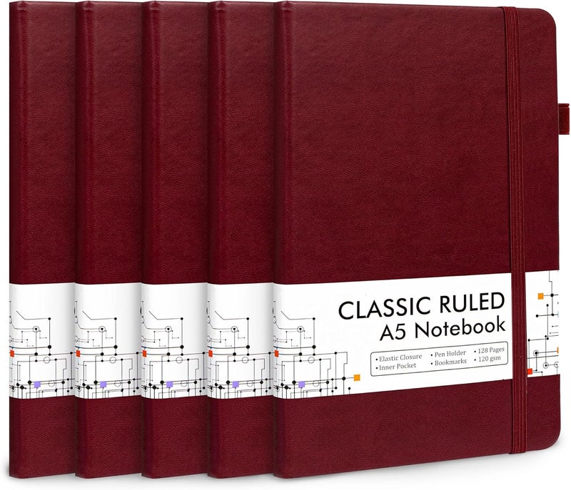 Feela 5 Pack Journal Notebook Bulk for School, Hardcover Business Notebooks Classic Ruled Lined Journals with Pen Holder for Work Note Taking, with 5 Black Pens, 120 GSM, 5.1”x8.3”, A5, Wine - Image 1