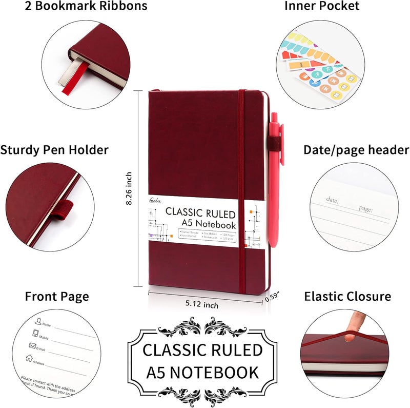 Feela 5 Pack Journal Notebook Bulk for School, Hardcover Business Notebooks Classic Ruled Lined Journals with Pen Holder for Work Note Taking, with 5 Black Pens, 120 GSM, 5.1”x8.3”, A5, Wine - Image 2