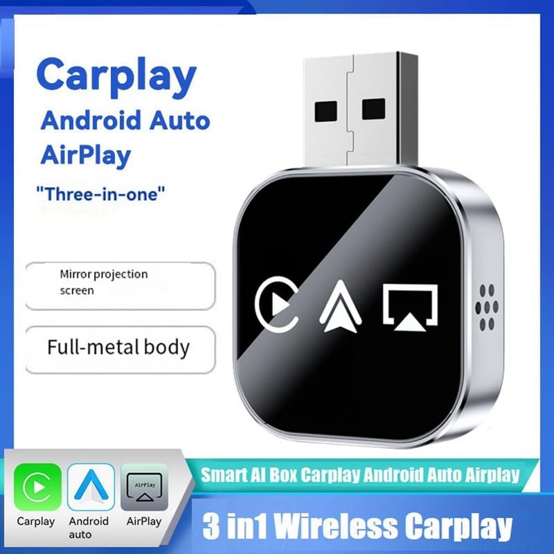 Three-in-one wireless intelligent car interconnection adapter Silver (support Carplay, Airplay, Android Auto, wired to wireless plug and play) - Image 1