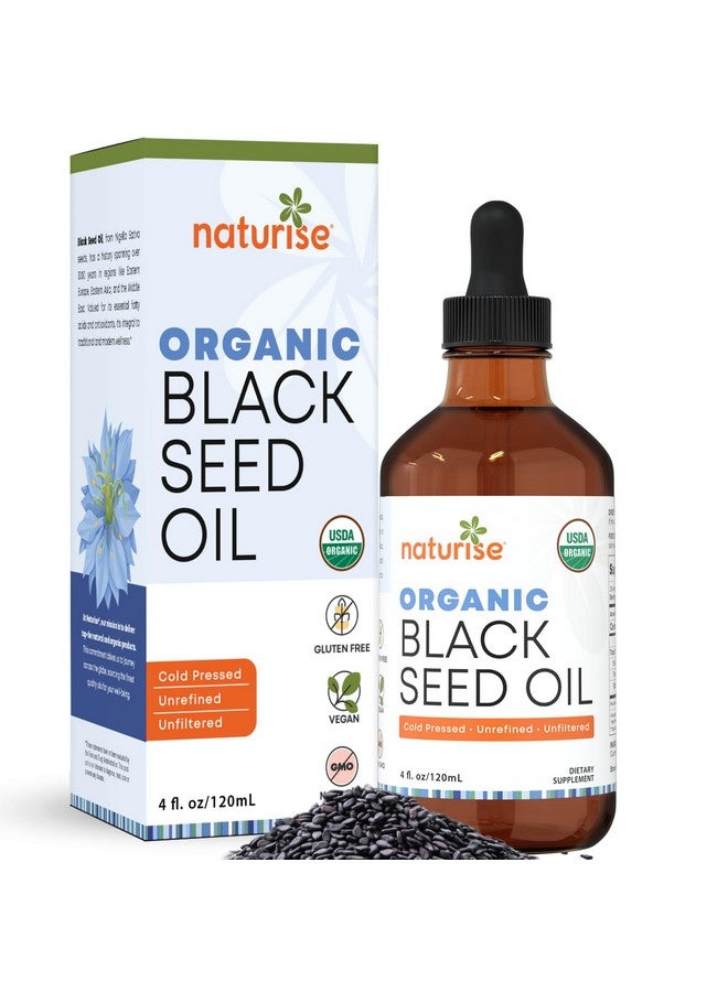 Naturise Organic Black Seed Oil - Organic Cold Pressed Black Cumin Seed Oil - Vegan Non-GMO Gluten Free Black Seed Oil Liquid (Nigella Sativa) Blackseed Oil for Hair & Skin, General Wellness (4 Fl Oz.) - Image 1