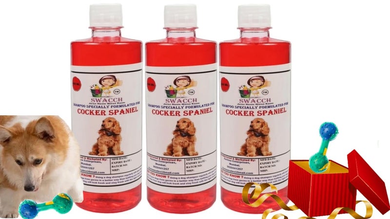 swacch Cocker Spaniel Dog Shampoo + Dumbbell Toy I Durable Rubber Dog Toy for Chewing I Playing,Teeth Cleaning & Training Toy I Combo Pack I 500ml Pack of 3 Strawberry - Image 1