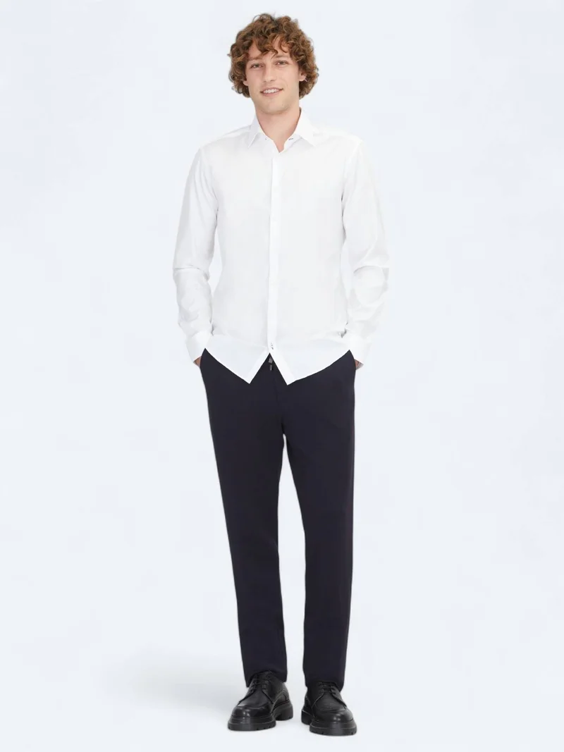 Kip White Slim Fit Long Weaving Classical 100% Cotton Shirt