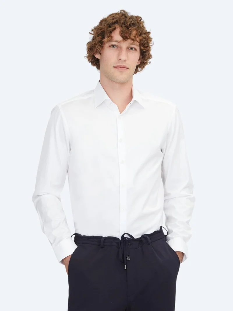 Kip White Slim Fit Long Weaving Classical 100% Cotton Shirt