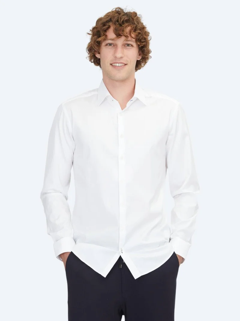 Kip White Slim Fit Long Weaving Classical 100% Cotton Shirt