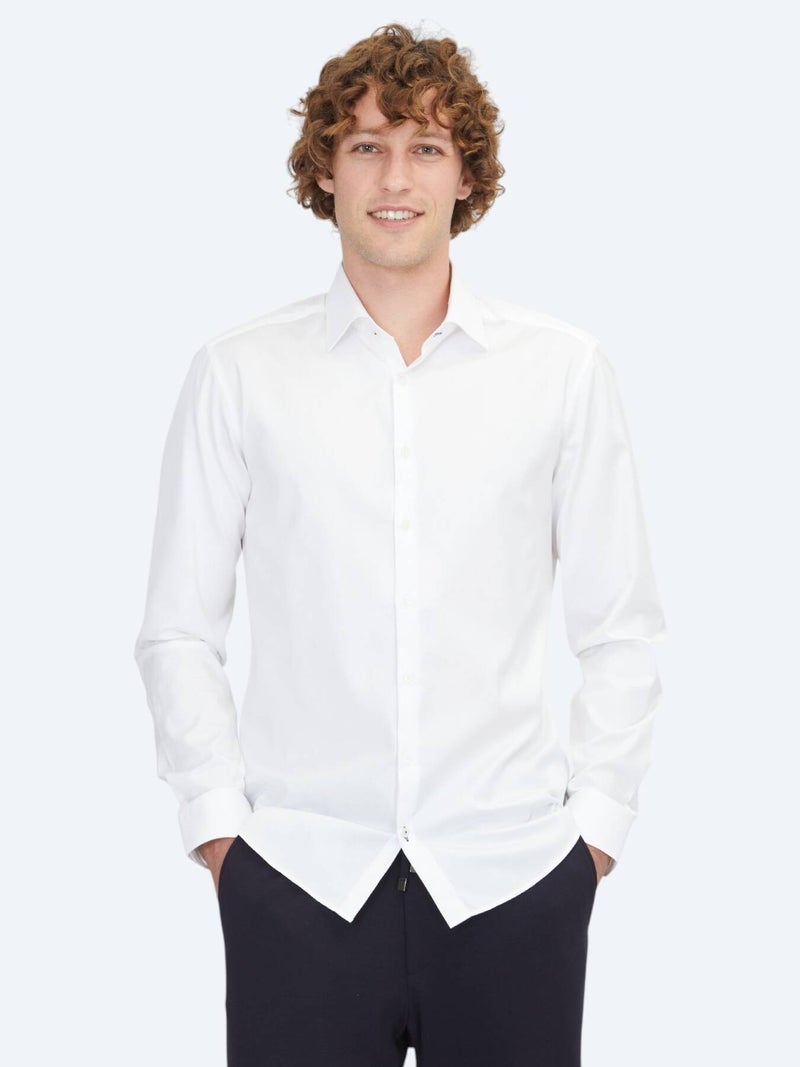 Kip White Slim Fit Long Weaving Classical 100% Cotton Shirt - Image 1