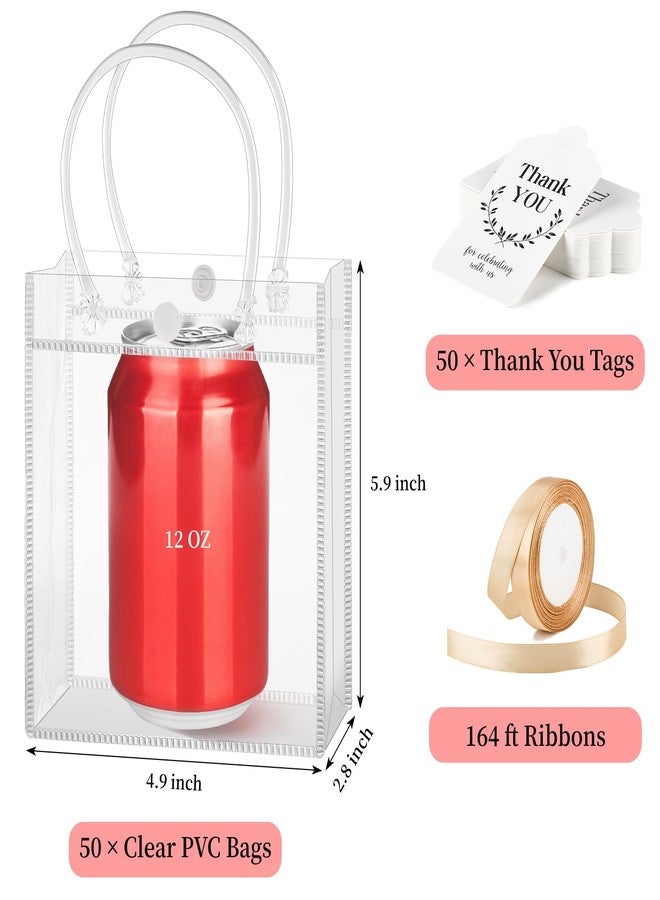 Mauproy 50 Pack Clear Plastic Gift Bags with Handles, Party Favor Bags with Ribbons and Tags, Reusable Goodie Bags Tote Bags for Wedding Birthday Baby Shower (5.9" x 4.9" x 2.8") - Image 2