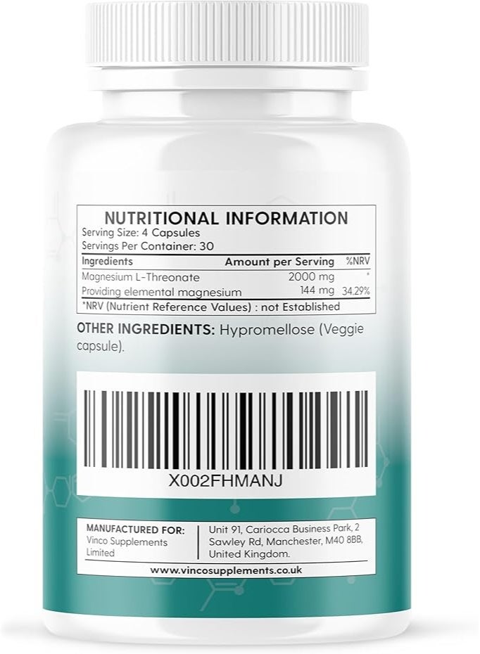Vinco Supplements Magnesium L-Threonate Supplement ,Supports Brain Health and supports relaxation ,120 capsules - Made in The UK - Image 2