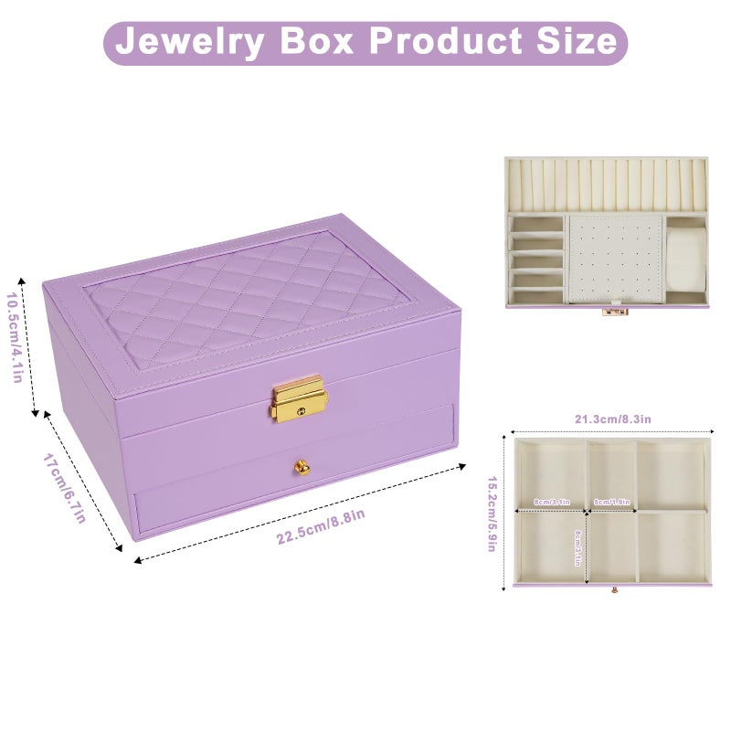 Unimoly 2-Layer Jewelry Box for Women Girls, Jewelry Organizers and Storage with Removable Jewelry Tray, Vintage Quilted Top Lockable Jewelry Holder Gift Idea Light Purple - Image 3
