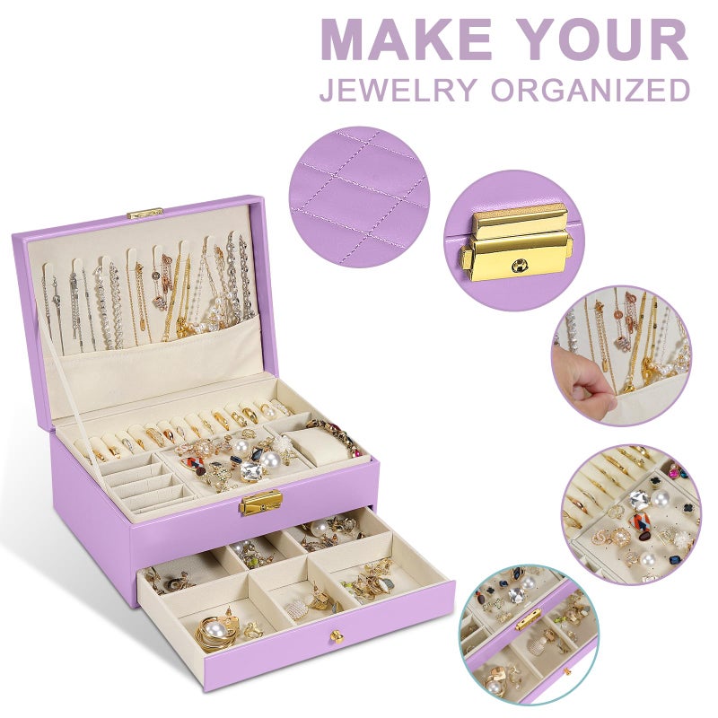 Unimoly 2-Layer Jewelry Box for Women Girls, Jewelry Organizers and Storage with Removable Jewelry Tray, Vintage Quilted Top Lockable Jewelry Holder Gift Idea Light Purple - Image 2